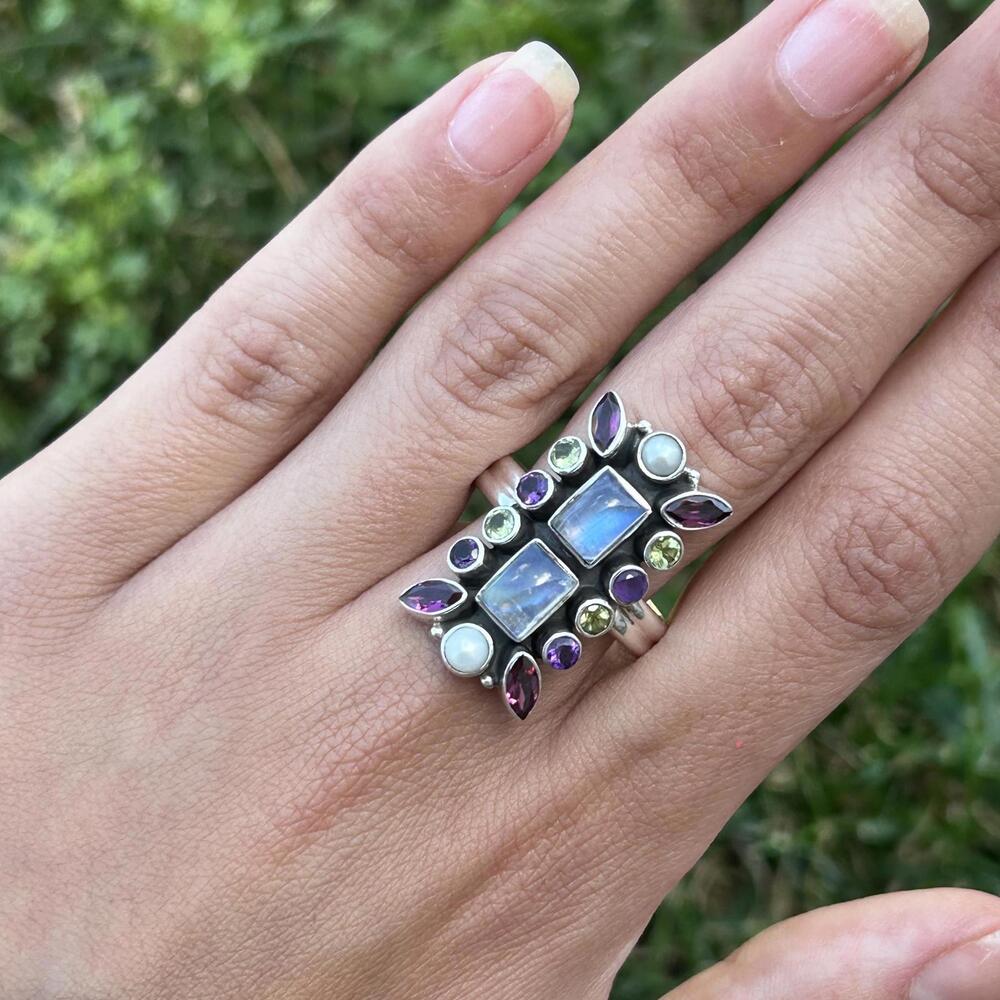 Nicky Butler Moonstone, Amethyst, Green Quartz, Garnet and Pearl Ring in Silver